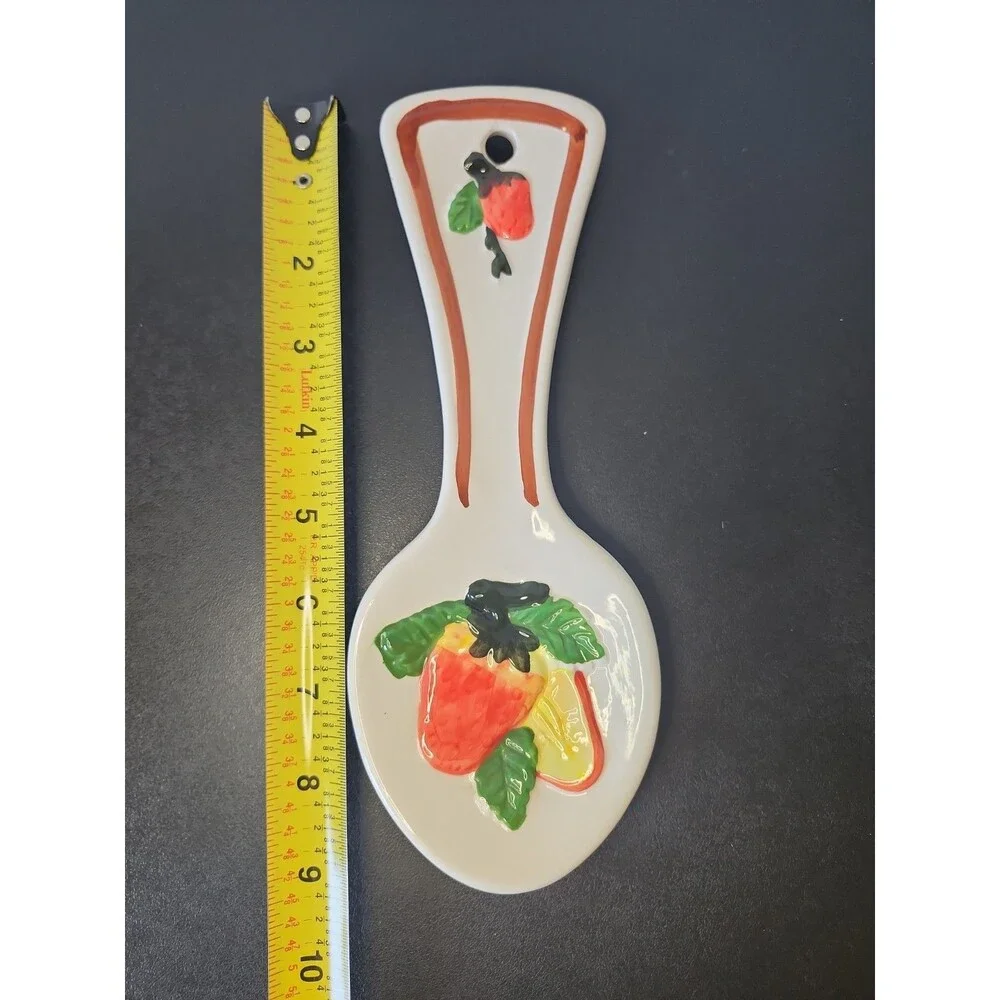 Vintage Hand Painted Ceramic Fruit Spoon Rest Embossed Strawberry Apple 90s